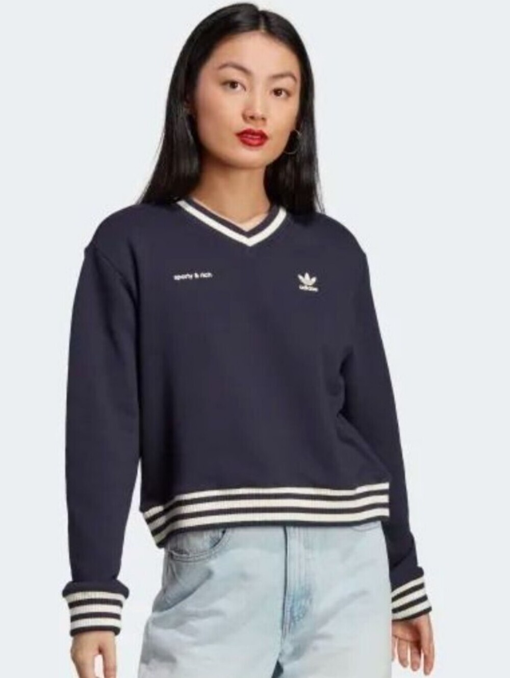 NWT Sporty & Rich x adidas Varsity Striped V-neck Crewneck Sweatshirt In Navy XS